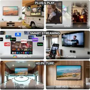 SYLVOX 19인치 RV TV 스마트 12V HDTV W/DVD 플레이어 듀얼 전원 옵션(12V DC/AC) Google OS 및 어시스턴트