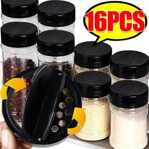16PCS 조미료 용기 검정색 캡으로 투명한 소금 주방 분말 보관을위한 누출 항아리 스크류 향신료 방지
