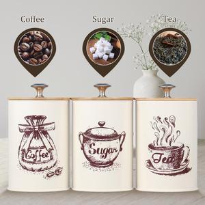 3PCS 주방 박스 대나무 커피 용기 씰링 용품과 음식 저장 항아리 설탕 세트 금속 뚜껑