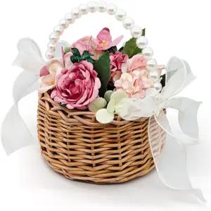 인공 꽃이 있는 베리시 플라워 걸 바구니 결혼식 라탄 진주 손잡이가 소박한 장식용 꽃 파티 신부 샤워