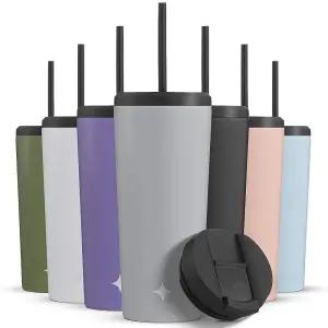 JoyJolt 진공 단열 709.8ml(24온스) 텀블러, 뚜껑과 빨대 포함 (각 2개) 진공 이중벽 스테인리스 스틸 텀블