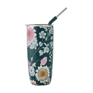 S'well 빨대 및 슬라이드 오픈 뚜껑이 있는 스테인리스 스틸 텀블러, 709.8ml(24온스), Midnight Botanical