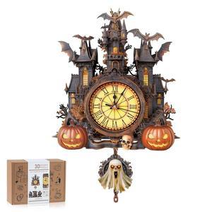 Rnfinewow 3D 퍼즐, 진자 모델 키트가 포함된 할로윈 코티지 시계, 나무 퍼즐 홈 데코 DIY 시계 키트, 모두를 위한 홀리데이 생일 선물