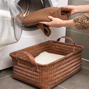 미국식 대용량 위커 바구니 빨랫감 간식 장난감 보관 PU 손잡이 빨래 가정용 수납 정리함