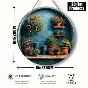 빈티지 농가풍 나무 벽 장식 화분이  2D 정원 테마 그림 가정용 호환  원형 표지판