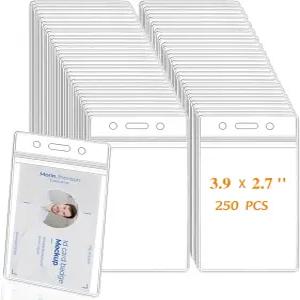 250 팩 이름 ID 배지 홀더 랜야드용 플라스틱 수직 엑스트라 두께 3.9 x 2.7 방수 이름표
