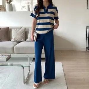 [샵앤] 여성 슬릿 카라넥 단가라 니트 티 바지 투피스 세트 21DS-WSET-5183