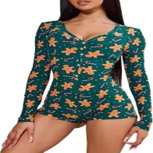 여성 크리스마스 파자마 원시 긴팔 브이넥 바디콘 롬퍼 원피스 점프수트 반바지 홀리데이 의상