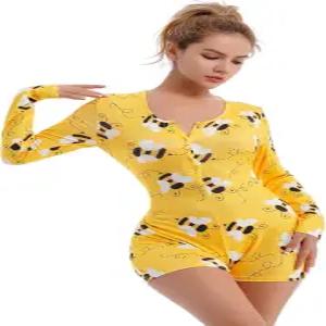 ABAFIP 여성 긴팔 롬퍼 파자마 바디수트 바디콘 반바지 점프수트 플로럴 슬립웨어 나이트웨어 PJS