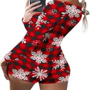ICNGLKSND 여성 크리스마스 잠옷 롬퍼 부클 바디콘 점프수트 V넥 긴팔 Pjs 바디수트 전체 슬립웨어