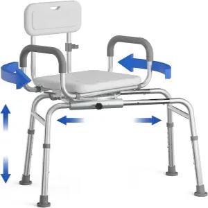 회전식 좌석이 있는 로요다 슬라이딩 샤워 의자 노인 및 장애인용 욕조 이송 벤치 팔과 350파운드 용량의