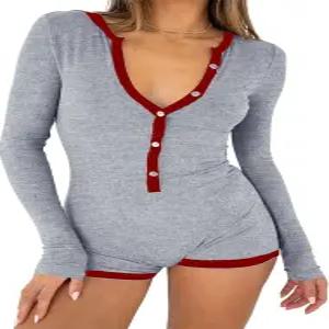 레브트로 가을 V넥 점퍼 정장 여성용 긴팔 반바지 롬퍼 원피스 바디수트 Y2K 잠옷 요가 체육관용