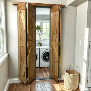 루반 25.5 x 84 고광택 마감 러스틱 올더 솔리드 우드 이중 접이식 헛간 문 조립 슬래브 설치 준비 완료