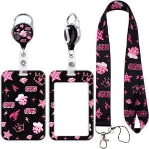 신분증 배지용 Y2K 랜야드 접이식 배지 릴 클립이 있는 에스테틱 홀더 핑크 크라운 카드가 퀸 여아용 세로