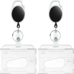 Pawfly 2팩 엄지-슬롯 배지 홀더 2카드 수평 투명 플라스틱 케이스 접이식 릴 카라비너 클립 신분증