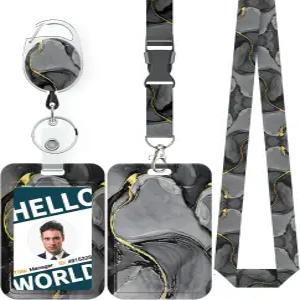 유니라이프 마블링 슬라이딩 배지 홀더 블랙시 그레이 마블 패턴 플라스틱 카드 접이식 릴 카라비너 탈착식