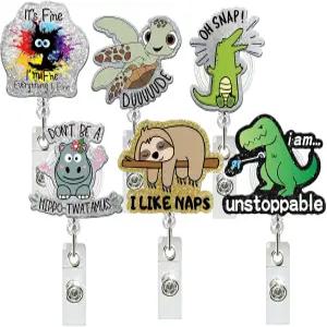 ZioNyxviana 6개 재미있는 아크릴 배지 홀더 - 방수 접이식 악어 클립 경량 열쇠고리용 릴 동료 교사 학생