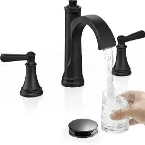 헤이마이탭 매트 블랙 욕실 수도꼭지 3구 황동 폭포 416인치 싱크대 급수 호스가 있는 싱크대용 손잡이