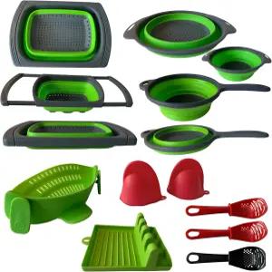 바라바라 10개 손잡이가 있는 실리콘 텔레스코픽 접이식 스트레인저 볼 배수기 클립. 그린 스푼 휴식 3국자