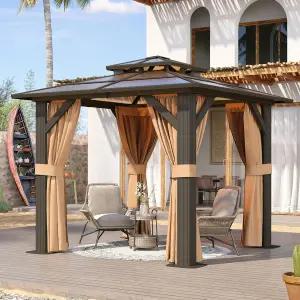 Aoxun 8피트 x 8인치 하드탑 가제보 커튼과 네팅이 있는 알루미늄 프레임 영구 파빌리온 야외