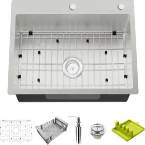 키친 앤 바 싱크 25x18인치 스테인리스 스틸 드롭 인 모던 싱글 볼 탑마운트 콤보SS 그리드 스푼 휴식 배수