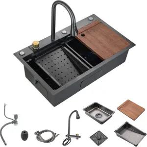 수도꼭지 콤보 폭포가 있는 30인치 주방 싱크대 블랙 스테인리스 스틸 폭포 조리대 다기능 농가 언더마운트