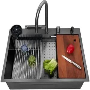 쿠노치 33x22 인치 회전 폭포 주방 싱크대 수도꼭지 콤보 나노 블랙 16 게이지 스테인리스 스틸