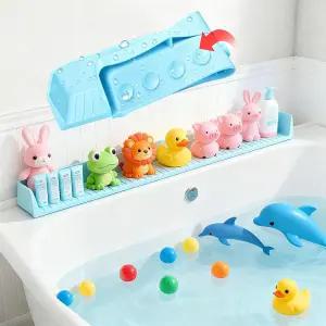 11개의 흡입 컵이 있는 욕조용 스플래시 가드 31인치 실리콘 놀이 선반 욕실 장난감 홀더 보관함 트레이