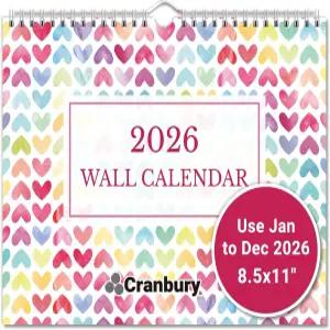 크랜버리 2026 월 캘린더 12개월 벽이나 책상용 8.5x11 작은 두꺼운 종이 보너스 스티커 및 메모 섹션 월간