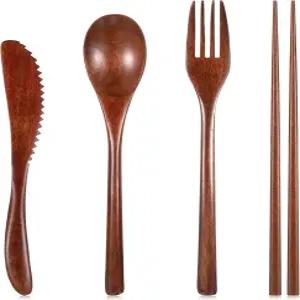여행용 휴대용 나무 식기 세트 도구를 위한 4피스 주방 저녁 재사용 가능한 식사 숟가락 포크 나이프