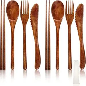 8Pcs 식용 나무 식기 세트 재사용 가능한 스푼 포크 나이프 젓가락 휴대용 여행용 캠핑 주방용