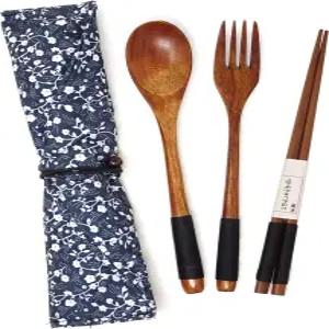 여행 피크닉 캠핑 또는 일상용 레트로 천 파우치가 포함된 혼베이 3PCS 일본식 나무 플랫웨어 세트 -