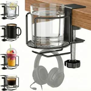 헤드폰 걸이가 있는 2-in-1 책상 컵 홀더 클램프 미끄럼 방지 튼튼한 금속 커피 테이블 측면 부착 머그잔