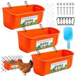 닭 모이통 3팩, 오리 모이통, 염소, 양치기, 돼지고기, 구스, 칠면조, 개 가축 가금류용 클립이 달린 행잉 펜스 총 8쿼트, 사료 스쿱 포함, 오렌지