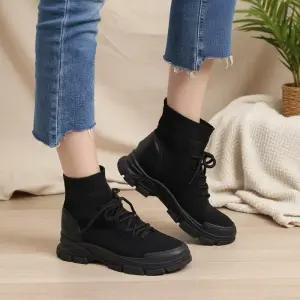 [옷자락]여성 겨울 니트 삭스 앵클 부츠 통굽 부츠