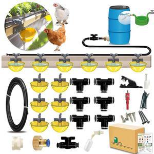 완전한 세트 파이프라인 자동 치킨 워터러 시스템, 대형 물컵 탈착 및 세척 가능, 18피트 플로트 밸브(노란색, 6컵)를 갖춘 혁신적인 퀵 커넥트 워터 시스템