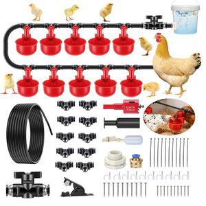퀵 커넥트 대형 컵, 32.8피트 파이프라인 및 플로트 밸브 u2013 레드 컵 10개, 탈착식 세척이 가능한 완전한 자동 닭 급수 시스템