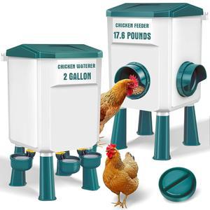 Meyoppm 닭 모이통 및 급수기 세트 2갤런 / 17.6파운드, 자동 병아리 암탉/오리/양계용 폐기물 없는 가금류 대형