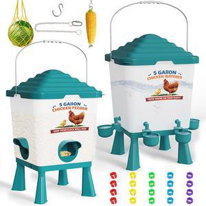 닭 모이통 및 급수기 세트, 컵이 있는 5갤런 자동 모이통, 40LB 대형 노 웨이스트, 닭장 액세서리, 오리용 메추라기용 시스템