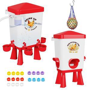 3갤런 닭 모이통 및 급수기 세트, 자동 플로트 밸브가 있는 대형 병아리 물, 폐기물 가금류 급식 급수 시스템 없음, 4컵 3포트, 비둘기/메추라기용 닭장 액세서리(빨간색)