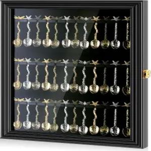 실리풀 36 기념품 티스푼 디스플레이 케이스 컬렉션용 UV 98 보관함 캐비닛 나무 박스 블랙 벽걸이 잠금식