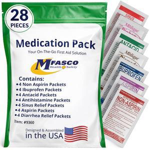 MFASCO - 7 in 1 여행용 사이즈 의약품 키트 TSA 승인 | 크루즈 및 해외 여행을 위한 응급 OTC 패킷 28개