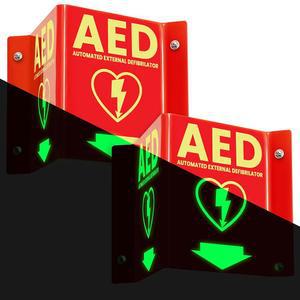AED 투사 표지판, 어두운 광발광 제세동기 아래쪽 화살표가 있는 6인치 양면 아크릴 벽 V-표지, 2팩