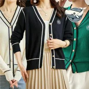 봄가을 스타일 여친룩 캐주얼 골지 니트 배색 검정 여성 사무실 금장단추 여자 브이넥 예쁜