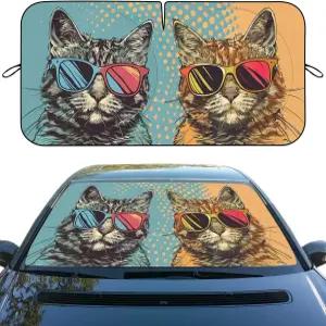 재미있는 고양이 자동차 앞유리 차양막 - 선글라스 세단 트럭 SUV용 자외선 차단 차단제 59인치 L x