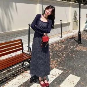 니트 원피스 여성 가을 투피스 나시 바람 카디건 세트 체크 정장세트 DUCHI3