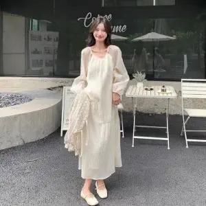 여성 니트 가을 투피스 부드러운 프렌치원피스 바캉스룩 블라우스 정장세트 레이어드 DUCHI3