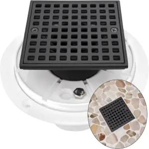 2인치 또는 3인치 파이프용 PVC 플랜지가 있는 유니 그린 매트 블랙 4인치 사각 샤워 배수구 - 헤어 카처