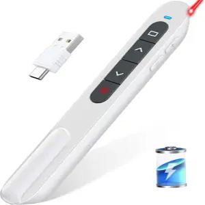 충전식 프레젠테이션 클리커 USB C 무선 프레젠터 리모컨 볼륨 조절 RF 2.4GHz 화이트 컴퓨터 파워포인트
