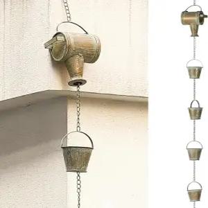 물뿌리개와 양동이가 있는 8.5피트 길이의 장식용 레인 체인 - 소박한 구리 파티나 마감 파티오와 마당을